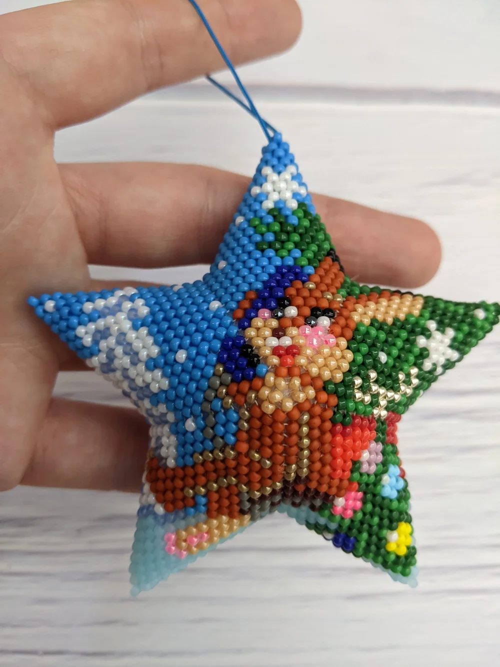 Handmade Blue Beaded Star Holiday Ornament - Cute Bunny Design